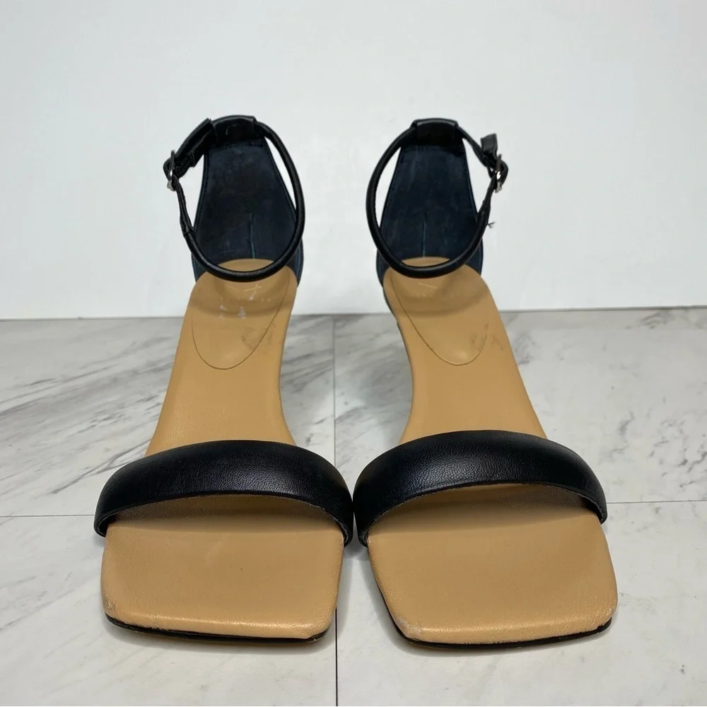 New! Marc Fisher Derine Black Leather Square Toe Heeled Sandal 7 1/2